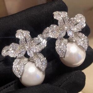 New ~18k Gold Plated Silver Pave Crystal Flower & Pearl Earrings